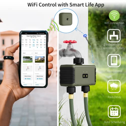 WiFi Sprinkler Timer 2 Zone, Diivoo Smart Water Timer for Garden Hose, Wireless Remote Control Irrigation System with Wi-Fi Hub, Rain Delay and Manual Watering, Leakproof for Yard Lawn Watering