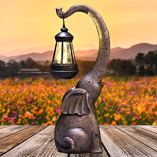 15 inch Outdoor Sculpture Figurine Statue Elephant Decor with Solar Powered LED Lights, Garden Statues for Garden Patio Home Yard Décor Good Luck Elephant for Women, Mom Gifts Housewarming Gift