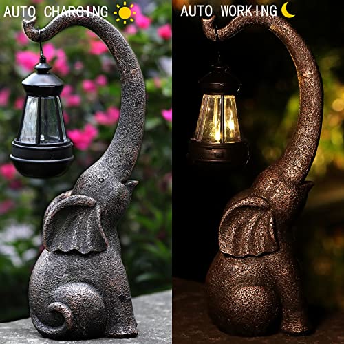 15 inch Outdoor Sculpture Figurine Statue Elephant Decor with Solar Powered LED Lights, Garden Statues for Garden Patio Home Yard Décor Good Luck Elephant for Women, Mom Gifts Housewarming Gift