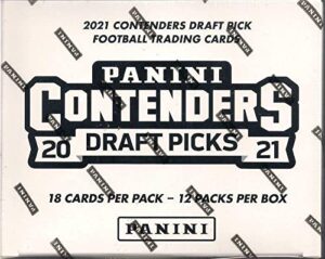 2021 panini contenders draft picks collegiate football factory sealed cello value box massive 216 cards. 12 packs of 18 cards. chase rookie cards of trevor lawrence (1st overall pick to jacksonville), zach wilson (2nd to new york jets), trey lance (3rd to