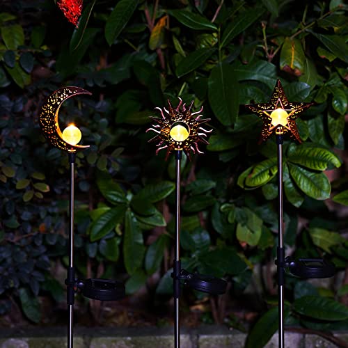 Tryme Solar Lights Outdoor Garden Decorations Sun Moon Star Stake Light Decorative Waterproof Warm White LED Yard Decor for Pathway Lawn Patio Courtyard Backyard