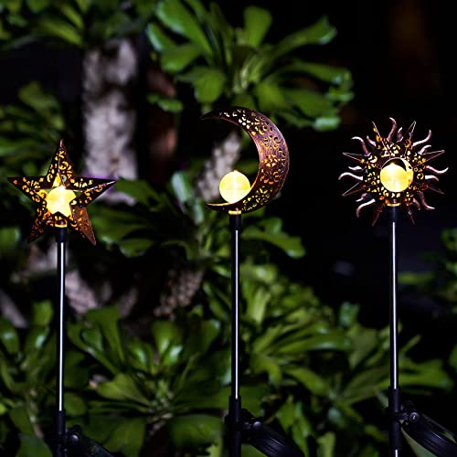 Tryme Solar Lights Outdoor Garden Decorations Sun Moon Star Stake Light Decorative Waterproof Warm White LED Yard Decor for Pathway Lawn Patio Courtyard Backyard