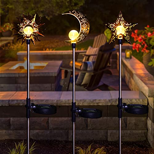 Tryme Solar Lights Outdoor Garden Decorations Sun Moon Star Stake Light Decorative Waterproof Warm White LED Yard Decor for Pathway Lawn Patio Courtyard Backyard