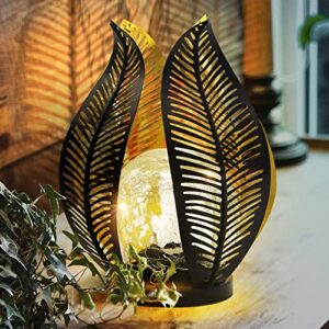 QZZP Garden Decor Solar Lights Outdoor, Crackle Glass Globe Palm Leaf Decorations, Waterproof LED Metal Flower Light for Yard Front Porch Patio Gardening Gift for Mom Grandma Women Birthday