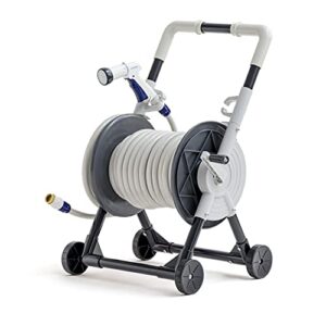 iris usa all-in-one portable garden hose reel cart, with reel and spray nozzle