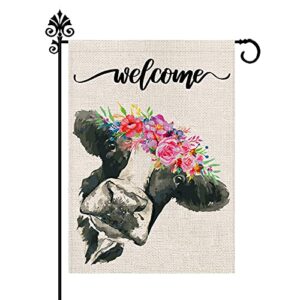 spring garden flag welcome floral crown cow garden burlap flag 12.5 x 18 inch vertical double sided spring summer flags outdoor decorations farmhouse yard home decor