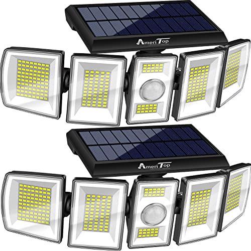 AmeriTop Solar Lights Outdoor 300 LED 7000K Motion Sensor Lights Cordless; 5 Adjustable Heads, 360° Wide Angle Illumination, IP65 Waterproof, Security LED Flood Light for Patio Yard Garden 2 Pack