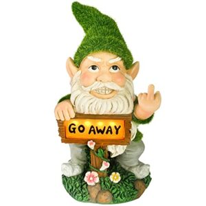 Premier Funny Garden Gnome Statue with Solar Lights - 11" Tall Gnomes Decorations for Yard Outdoor Garden Lawn Patio, Flocked Resin Gnome Figurine with LED Go Away Sign