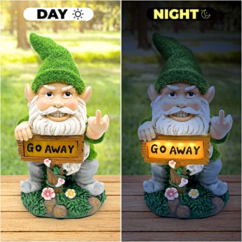 Premier Funny Garden Gnome Statue with Solar Lights - 11" Tall Gnomes Decorations for Yard Outdoor Garden Lawn Patio, Flocked Resin Gnome Figurine with LED Go Away Sign