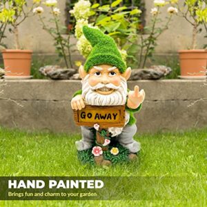 Premier Funny Garden Gnome Statue with Solar Lights - 11" Tall Gnomes Decorations for Yard Outdoor Garden Lawn Patio, Flocked Resin Gnome Figurine with LED Go Away Sign