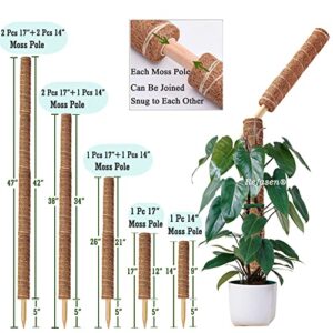 Moss Pole for Plants Monstera, 47inch Moss Poles for Climbing Plants 2 Pcs 17” and 2 Pcs 14” Monstera Pole Stackable Plant Pole Coco Coir Pole with Garden Ties