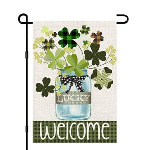 st patricks day garden flag 12×18 inch double sided burlap, welcome lucky shamrocks sign seasonal yard outdoor decorations df186