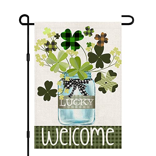 St Patricks Day Garden Flag 12x18 Inch Double Sided Burlap, Welcome Lucky Shamrocks Sign Seasonal Yard Outdoor Decorations DF186