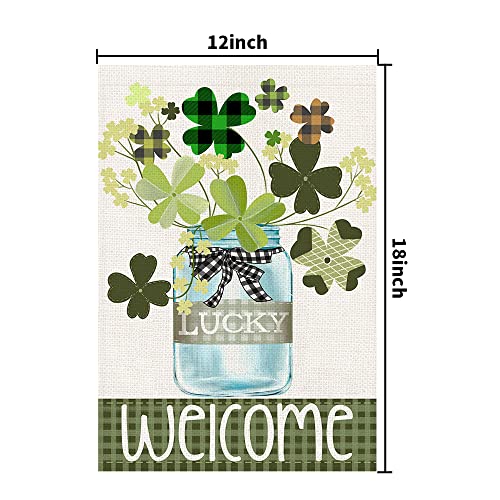 St Patricks Day Garden Flag 12x18 Inch Double Sided Burlap, Welcome Lucky Shamrocks Sign Seasonal Yard Outdoor Decorations DF186