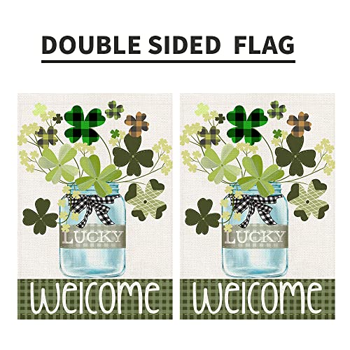 St Patricks Day Garden Flag 12x18 Inch Double Sided Burlap, Welcome Lucky Shamrocks Sign Seasonal Yard Outdoor Decorations DF186