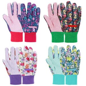 jumphigh 4 pairs garden gloves for women, floral gardening gloves with non-slip pvc dots, ladies soft breathable yard work gloves light working gloves, elastic knit wrist, medium size fits most