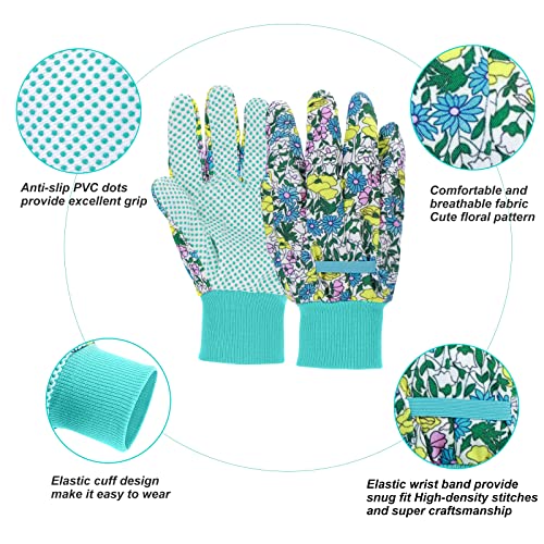 JUMPHIGH 4 Pairs Garden Gloves for Women, Floral Gardening Gloves with Non-Slip PVC Dots, Ladies Soft Breathable Yard Work Gloves Light Working Gloves, Elastic Knit Wrist, Medium Size Fits Most