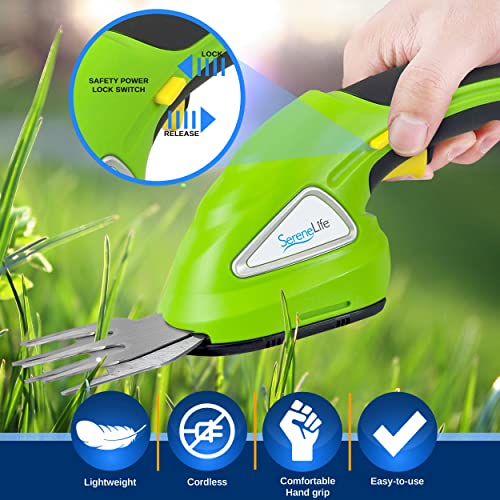 SereneLife Battery Grass Cutter, Grass Clippers Cordless, Trimmer Cutter, Handheld Trimmer, Grass Shear Electric, Perfect For Leaves & Debris, Rechargeable Battery, Charge Time 4 Hrs, 3.6V (PSLHTM20)