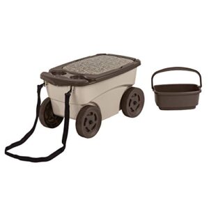 suncast outdoor rolling garden scooter – durable plastic portable garden seat rolls in grass and dirt – carries garden supplies