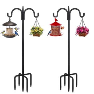 feed garden adjustable double shepherd hook for outdoor with 5 prong base 75 inch heavy duty two sided bird feeder pole for hanging plant baskets, solar light lanterns, wind chimes 2 pack
