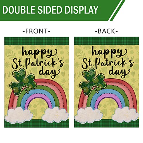 Furiaz Happy St Patricks Day Small Decorative Garden Flag, Shamrock Clover Rainbow Lucky Yard Outside Decorations, Irish Luck Burlap Outdoor Home Decor Double Sided 12 x 18