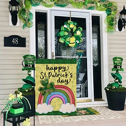 Furiaz Happy St Patricks Day Small Decorative Garden Flag, Shamrock Clover Rainbow Lucky Yard Outside Decorations, Irish Luck Burlap Outdoor Home Decor Double Sided 12 x 18