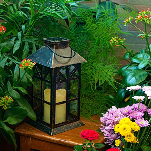 Solar Lantern Outdoor Classic Decor Bronze Antique Metal and Glass Construction Mission Solar Garden Lantern Indoor and Outdoor Solar Hanging Lantern, Entirely Solar Powered Lantern of Low Maintenance