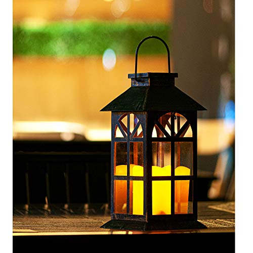 Solar Lantern Outdoor Classic Decor Bronze Antique Metal and Glass Construction Mission Solar Garden Lantern Indoor and Outdoor Solar Hanging Lantern, Entirely Solar Powered Lantern of Low Maintenance