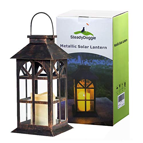 Solar Lantern Outdoor Classic Decor Bronze Antique Metal and Glass Construction Mission Solar Garden Lantern Indoor and Outdoor Solar Hanging Lantern, Entirely Solar Powered Lantern of Low Maintenance