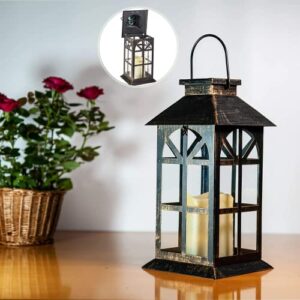 Solar Lantern Outdoor Classic Decor Bronze Antique Metal and Glass Construction Mission Solar Garden Lantern Indoor and Outdoor Solar Hanging Lantern, Entirely Solar Powered Lantern of Low Maintenance