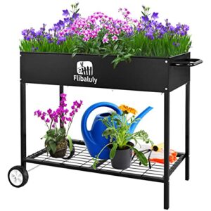 flibaluly raised garden bed with wheels metal mobile elevated planter box with bottom shelf for storing tools,for vegetables herbs flowers(black)