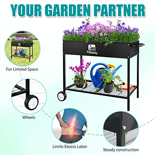 Flibaluly Raised Garden Bed with Wheels Metal Mobile Elevated Planter Box with Bottom Shelf for Storing Tools,for Vegetables Herbs Flowers(Black)