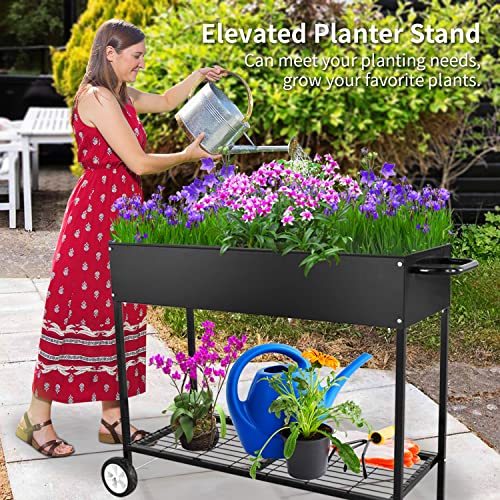 Flibaluly Raised Garden Bed with Wheels Metal Mobile Elevated Planter Box with Bottom Shelf for Storing Tools,for Vegetables Herbs Flowers(Black)