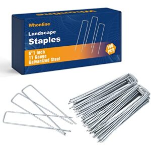 whonline 100pcs landscape staples 6 inch 11 gauge heavy duty galvanized garden stakes, drip irrigation stakes for securing irrigation tubing fabric weed barrier ground sheets