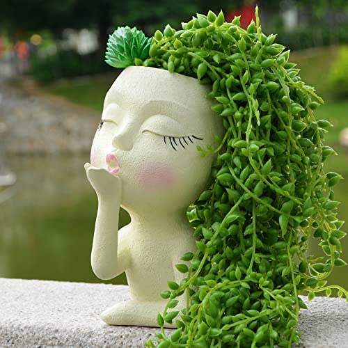 Head Planter, Face Flower Pots, Kiss Planters with Girl Heads, Lady Faces Flowerpot, Succulent Art Face Pots, Female Garden Pots, Small Statue Plant Pots with Drainage for Indoor Outdoor Plants(Cream)