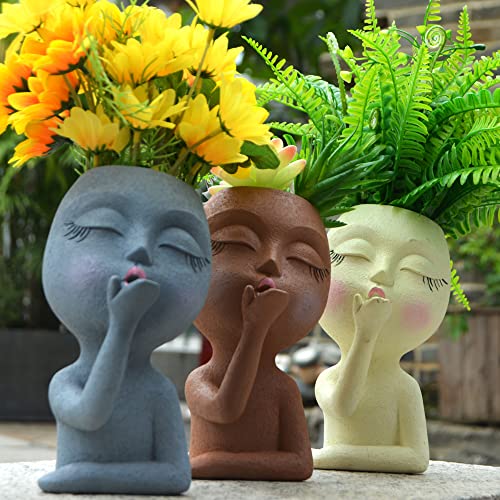 Head Planter, Face Flower Pots, Kiss Planters with Girl Heads, Lady Faces Flowerpot, Succulent Art Face Pots, Female Garden Pots, Small Statue Plant Pots with Drainage for Indoor Outdoor Plants(Cream)