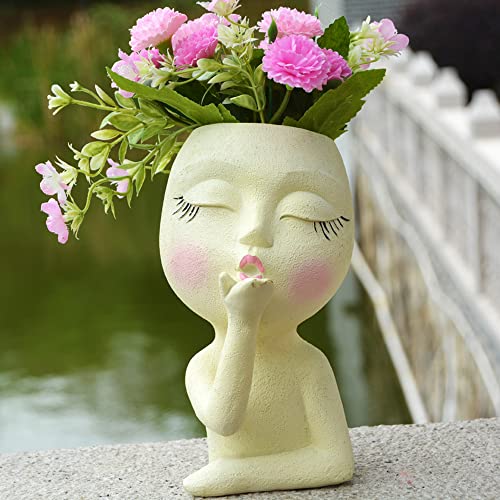 Head Planter, Face Flower Pots, Kiss Planters with Girl Heads, Lady Faces Flowerpot, Succulent Art Face Pots, Female Garden Pots, Small Statue Plant Pots with Drainage for Indoor Outdoor Plants(Cream)