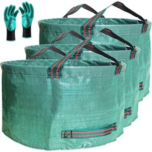 professional 3-pack 63 gallons lawn garden bags (d31, h19 inches) reusable yard waste bag with gardening gloves – patio standable bag,leaf bag,trash containers,plant clippings bag with 4 handles