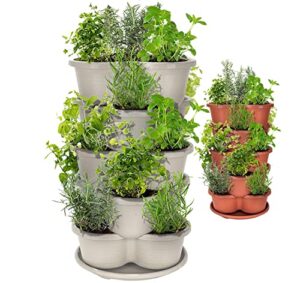 amazing creation stackable planter, vertical garden planter, strawberry planter, indoor/outdoor planters, 5 tier garden tower, herb planter for growing vegetables garden and succulents (off white)