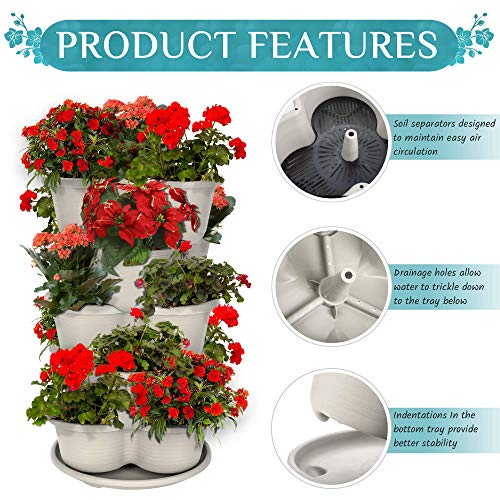 Amazing Creation Stackable Planter, Vertical Garden Planter, Strawberry Planter, Indoor/Outdoor Planters, 5 Tier Garden Tower, Herb Planter for Growing Vegetables Garden and Succulents (Off White)