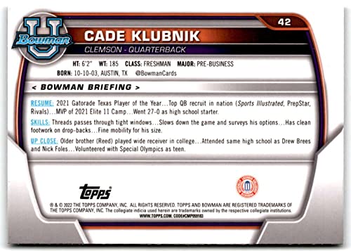 2022 Bowman Chrome University #42 Cade Klubnik Clemson Tigers Football