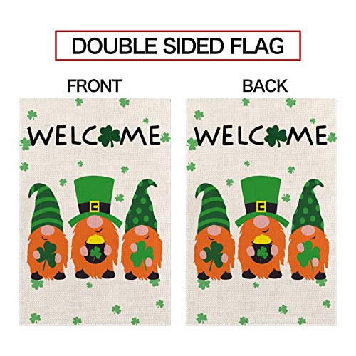 EDDERT Welcome St Patricks Day Gnomes Garden Flag, Double Sided Burlap Vertical Outside Outdoor Yard Lawn Irish Green Shamrock Beer Decoration, 12 x 18 Inch