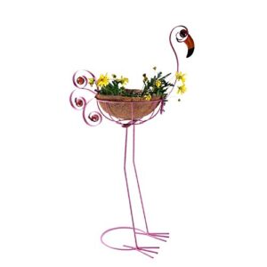 mortime flamingo bird planter, pink metal flamingo with basket decorative pots containers stand for indoor outdoor home garden patio lawn… (30 in)