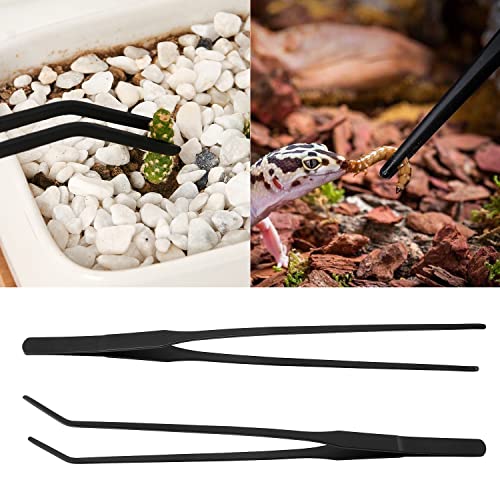 2 Pcs 11 Inch Black Long Handle Stainless Steel Straight and Curved Tweezers Nippers, Set with Serrated Tips Comfortable Ridged Handle for Garden, Kitchen, Indoors and Outdoors