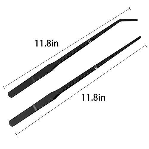 2 Pcs 11 Inch Black Long Handle Stainless Steel Straight and Curved Tweezers Nippers, Set with Serrated Tips Comfortable Ridged Handle for Garden, Kitchen, Indoors and Outdoors