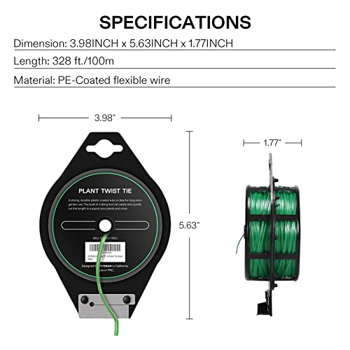 VIVOSUN 328 Feet PE-Coated Twist Tie, Roll Spool Dispenser with Cutter Secure Garden Plant Multi-Function Cable Snack Tie, Green