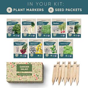 Certified Organic Vegetable Seeds - 9 Heirloom Seeds for Planting Vegetables - Seed Packets & Gift Box - Cherry Tomato, Romaine Lettuce, Broccoli, Cucumber, Radish, Sugar Snap Pea, Arugula, Basil