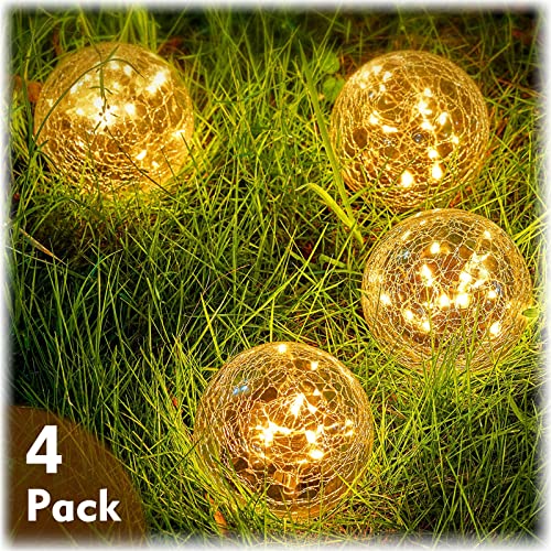 Honoson Garden Solar Lights Outdoor Globe Light Cracked Glass Ball Yard Decor Waterproof Warm White Led Solar Light Decorative Solar Ball Garden Decor for Backyard Lawn Ornament (4, 4.7 Inch)