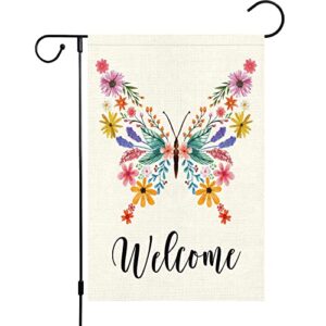 welcome spring floral garden flag 12×18 double sided, burlap small vertical spring butterfly flower garden yard flags for seasonal outside outdoor house decoration (only flag)
