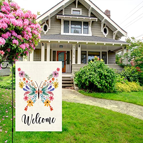 Welcome Spring Floral Garden Flag 12x18 Double Sided, Burlap Small Vertical Spring Butterfly Flower Garden Yard Flags for Seasonal Outside Outdoor House Decoration (Only Flag)